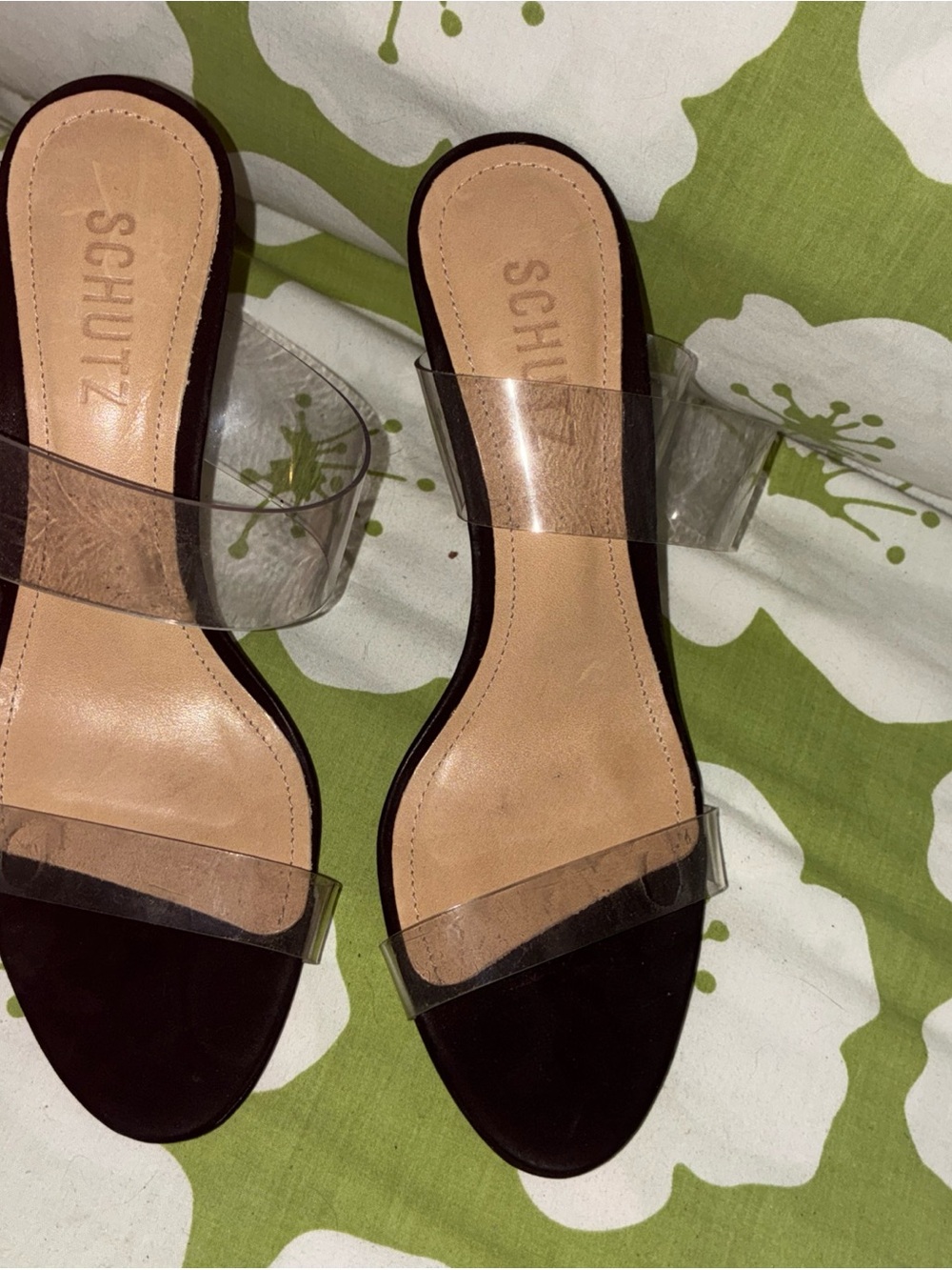 SCHUTZ Black Suede Clear Strap Slide Sandals